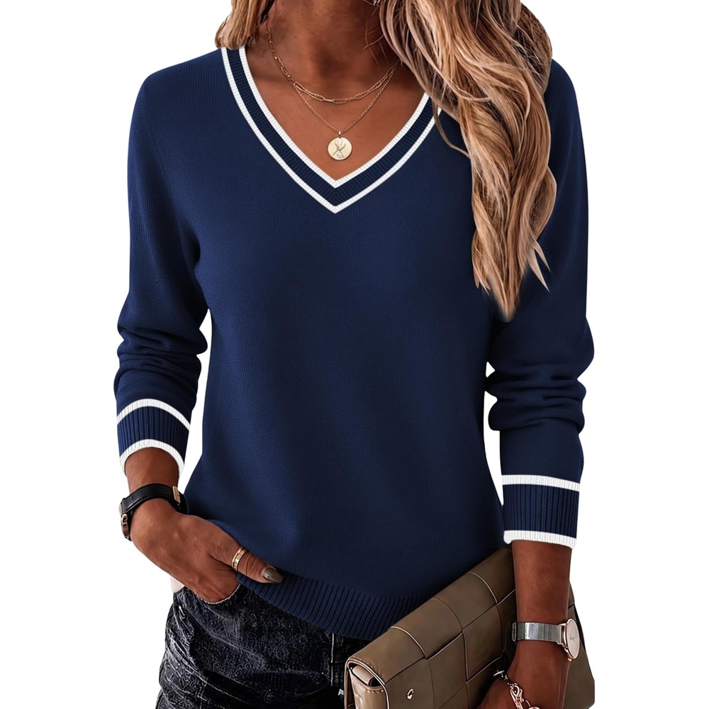 image:imageZeagoo Womens 2026 Fall Long Sleeve Sweaters V Neck Dressy Casual TopsStripenavy Blue