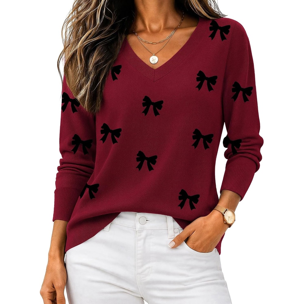 image:imageZeagoo Womens 2026 Fall V Neck Sweaters Long Sleeve Tops Fashion ClothingBowknot Red