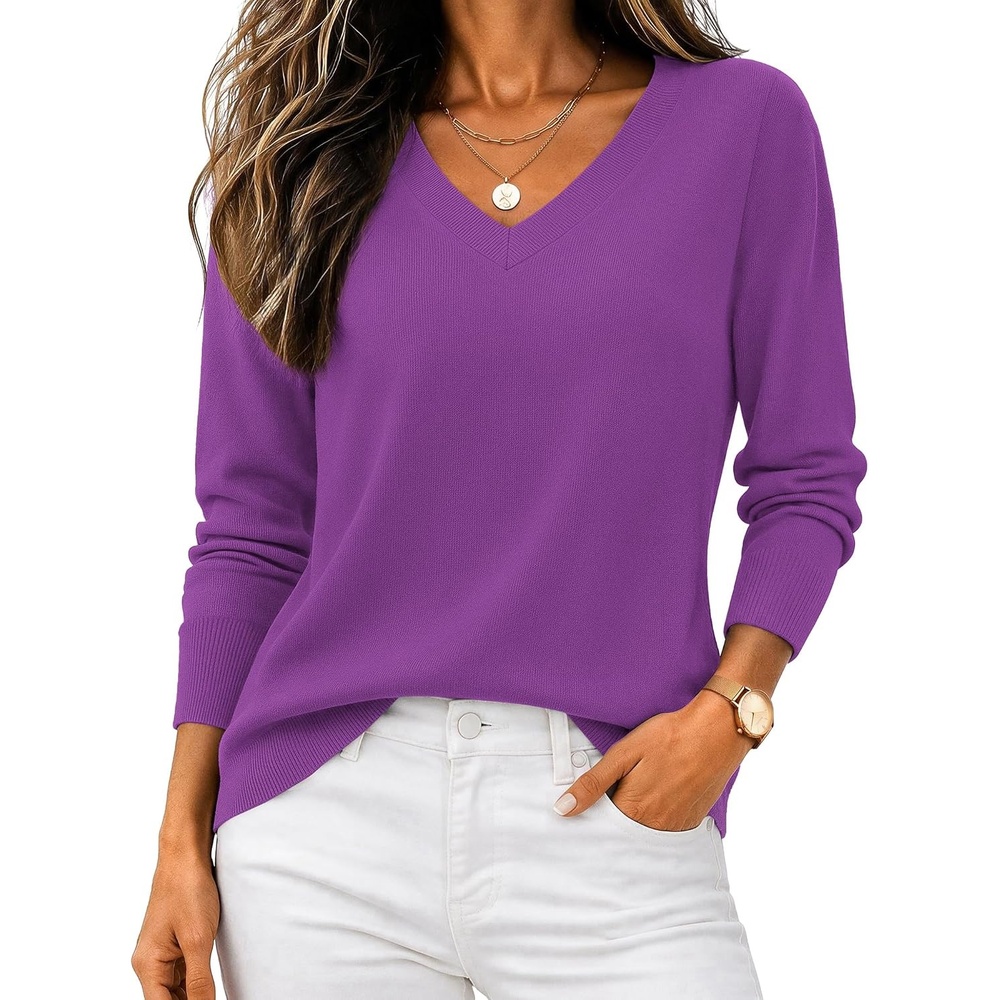 image:imageZeagoo Womens 2026 Fall V Neck Sweaters Long Sleeve Tops Fashion ClothingDark Purple