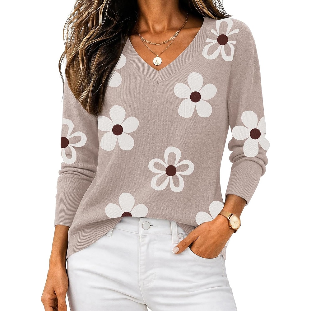 image:imageZeagoo Womens 2026 Fall V Neck Sweaters Long Sleeve Tops Fashion ClothingFlower White