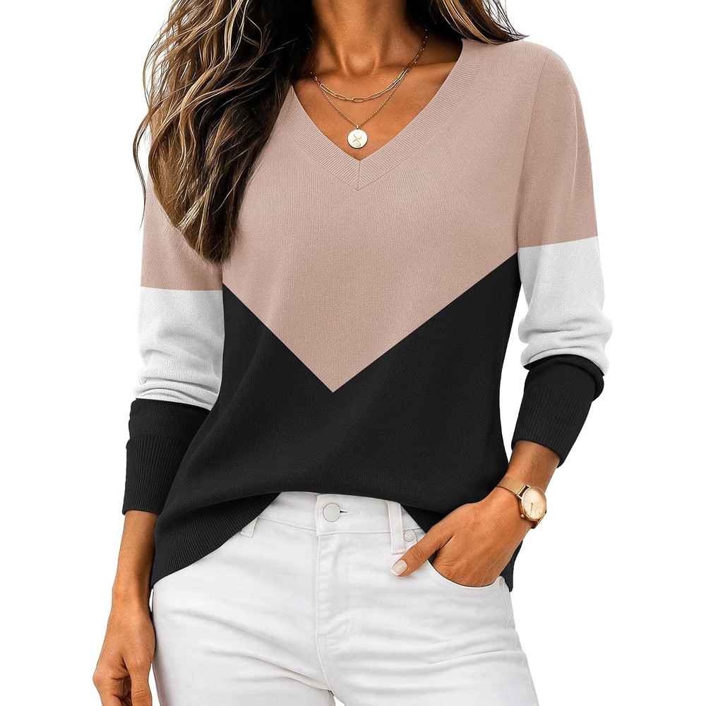 image:imageZeagoo Womens 2026 Fall V Neck Sweaters Long Sleeve Tops Fashion ClothingKhaki Black Colorblock