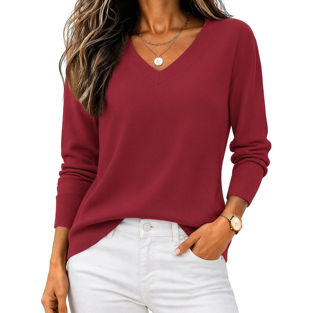 image:imageZeagoo Womens 2026 Fall V Neck Sweaters Long Sleeve Tops Fashion ClothingWine Red