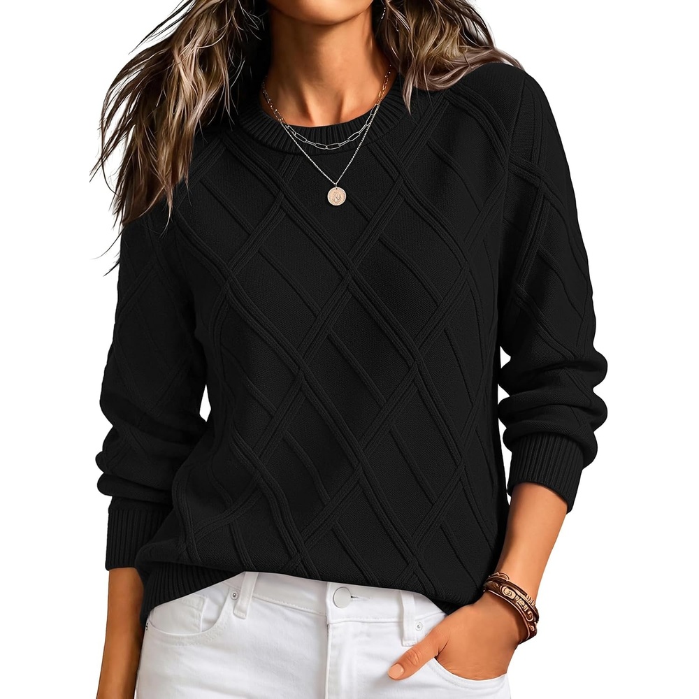 image:imageZeagoo Womens Cable Knit Sweaters Fall Winter Long Sleeve Crewneck TopsBlack