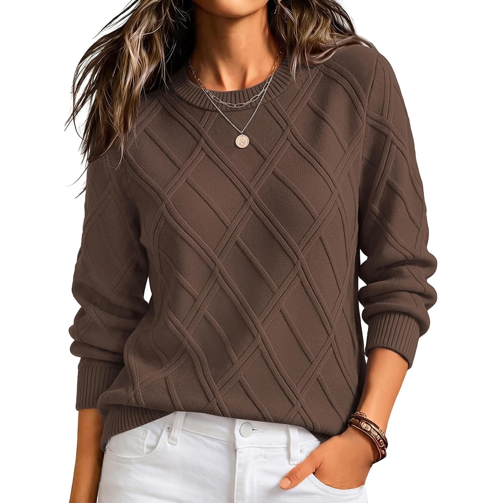 image:imageZeagoo Womens Cable Knit Sweaters Fall Winter Long Sleeve Crewneck TopsBrown
