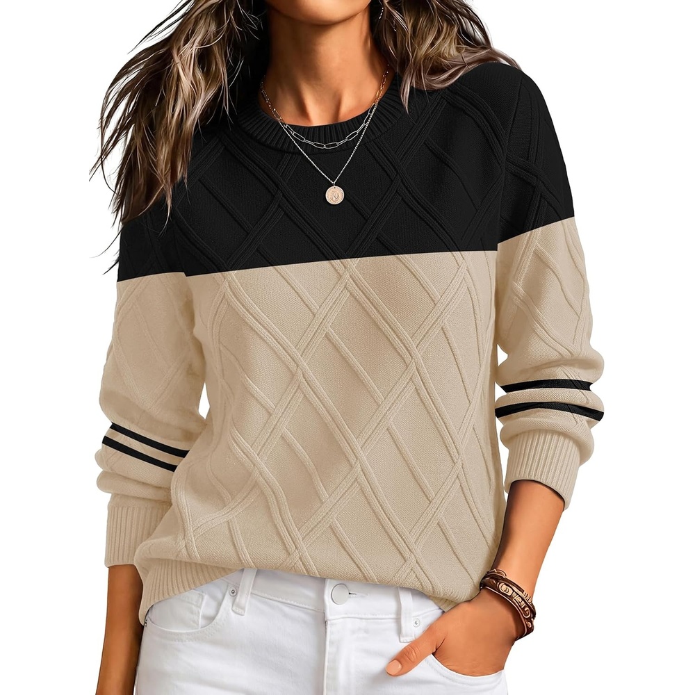 image:imageZeagoo Womens Cable Knit Sweaters Fall Winter Long Sleeve Crewneck TopsColorblockbeige