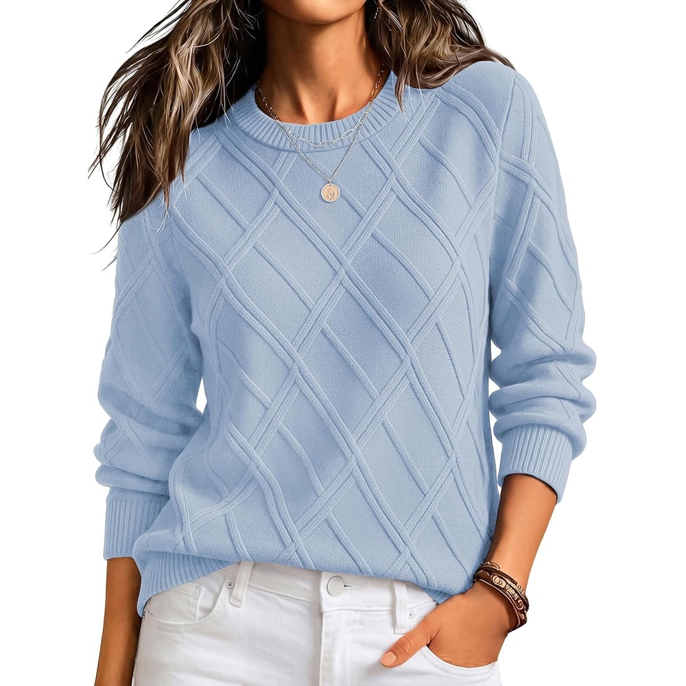image:imageZeagoo Womens Cable Knit Sweaters Fall Winter Long Sleeve Crewneck TopsLight Blue