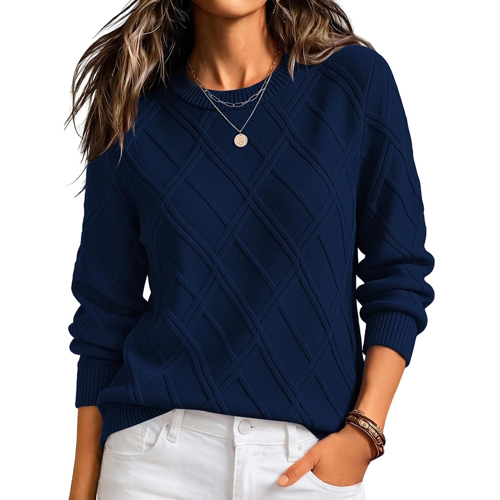 image:imageZeagoo Womens Cable Knit Sweaters Fall Winter Long Sleeve Crewneck TopsNavy Blue
