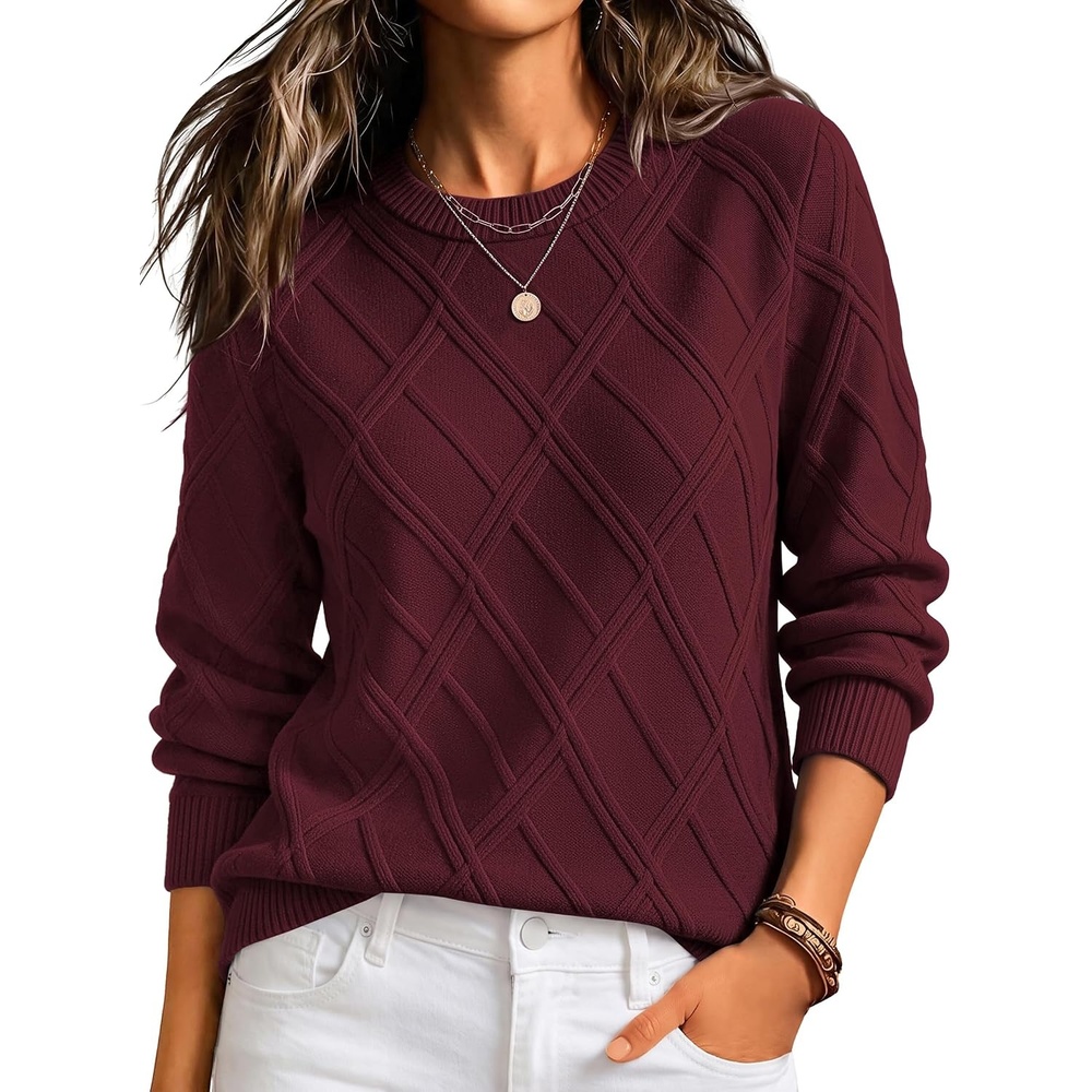 image:imageZeagoo Womens Cable Knit Sweaters Fall Winter Long Sleeve Crewneck TopsWine Red