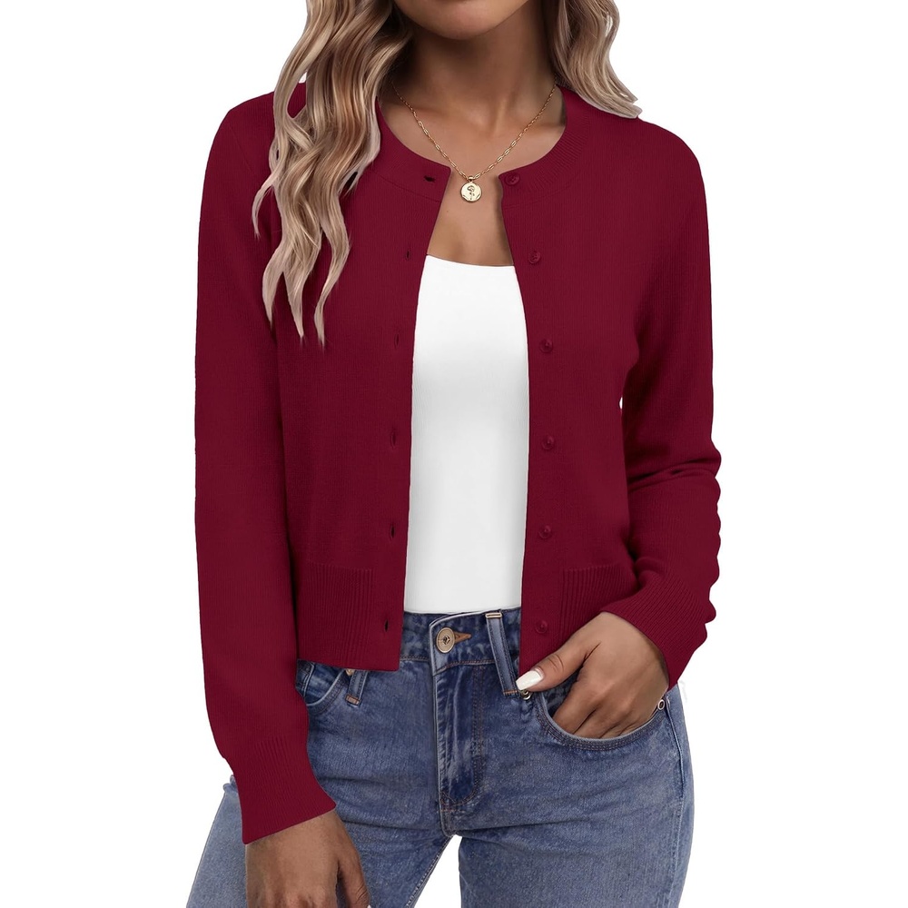 image:imageZeagoo Womens Cropped Cardigan Sweaters Lightweight Bolero Shrug for DressWine Red