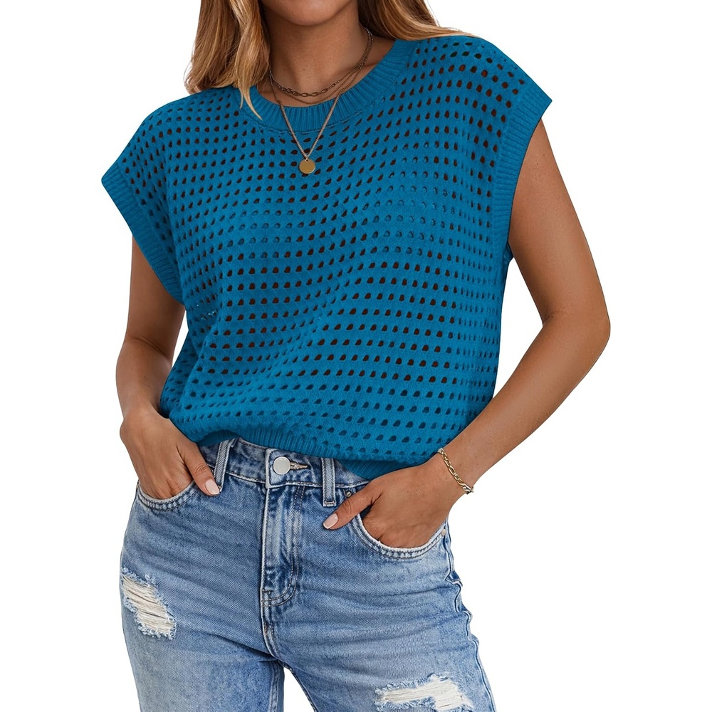 image:imageZeagoo Womens Summer Crochet Tops Cap Sleeve Hollow Pullover Sweater VestLake Blue