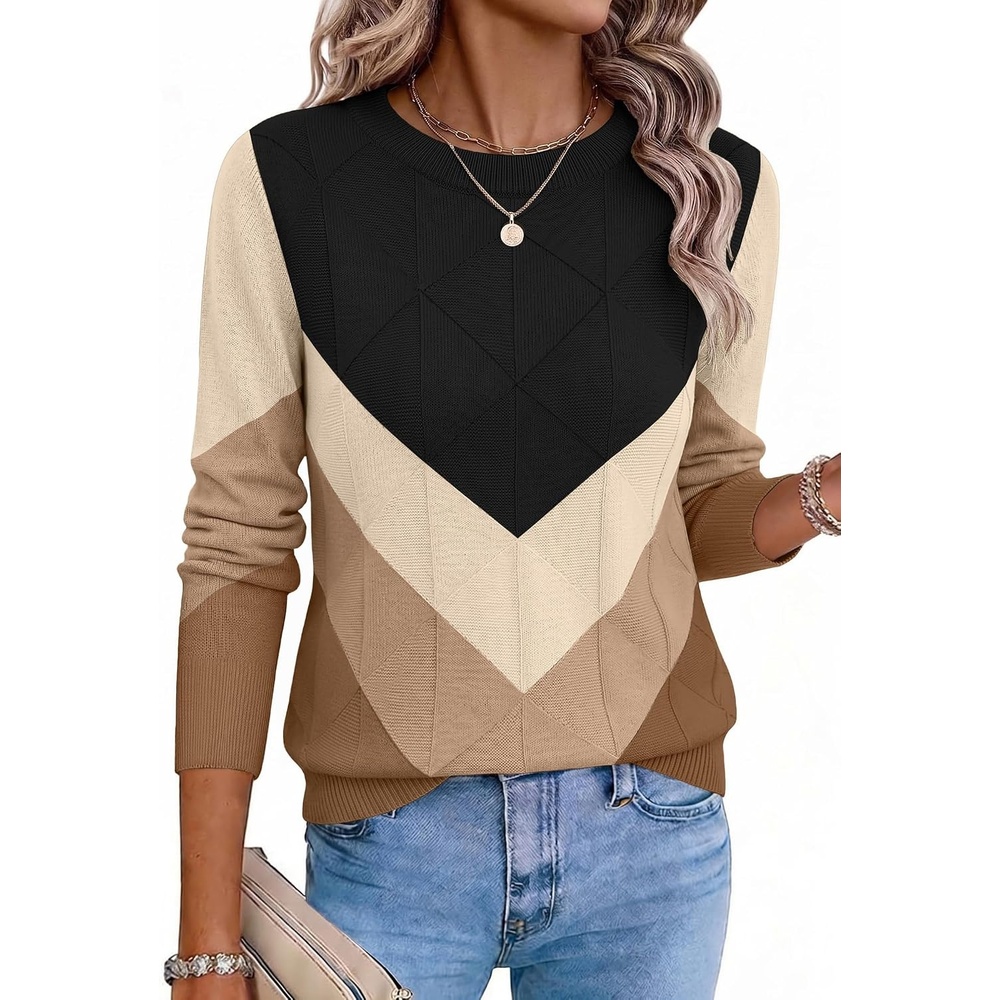 image:imageZeagoo Womens Sweaters Crewneck Long Sleeve Soft Casual Knit Pullover TopsColorblock Brown