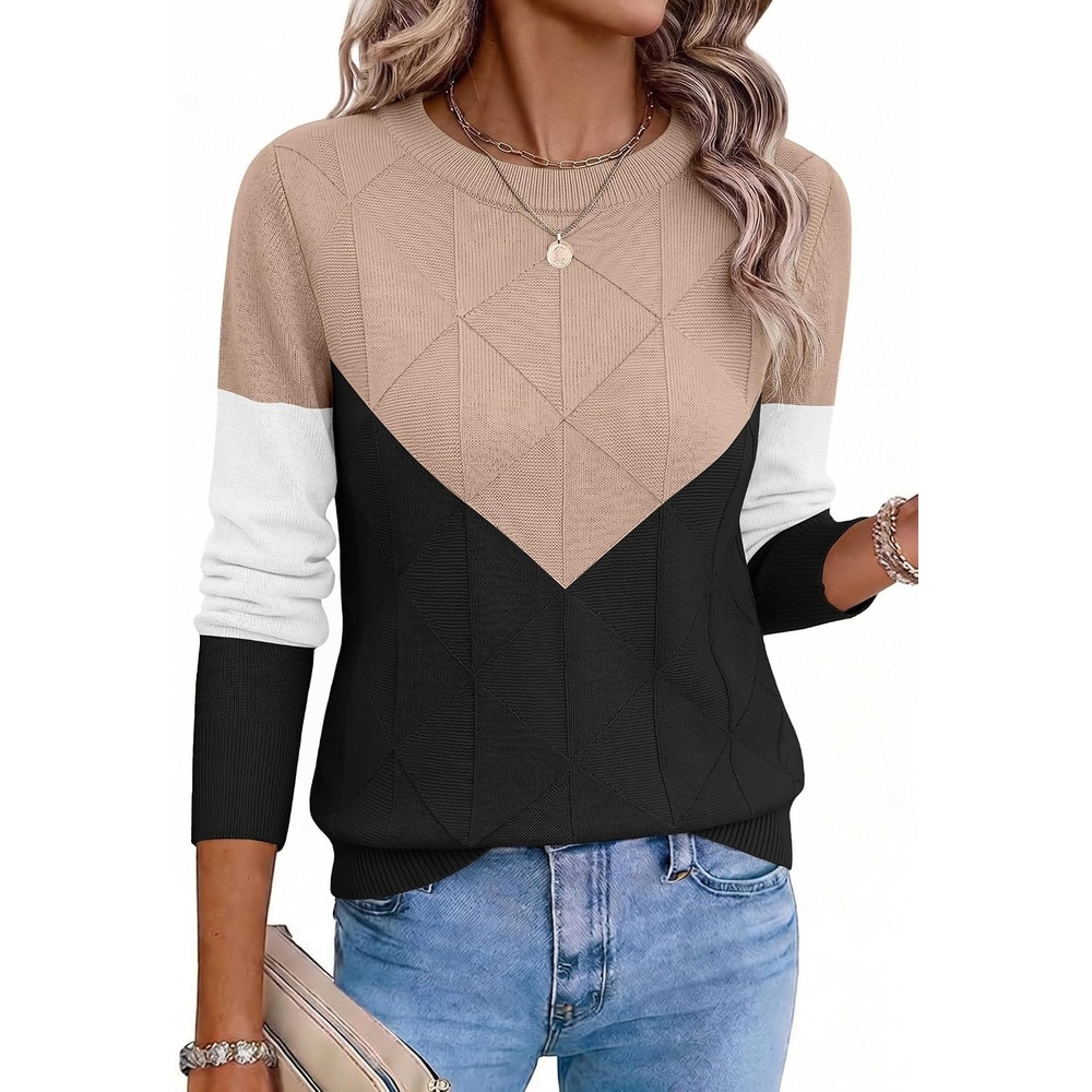 image:imageZeagoo Womens Sweaters Crewneck Long Sleeve Soft Casual Knit Pullover TopsColorblock Khaki