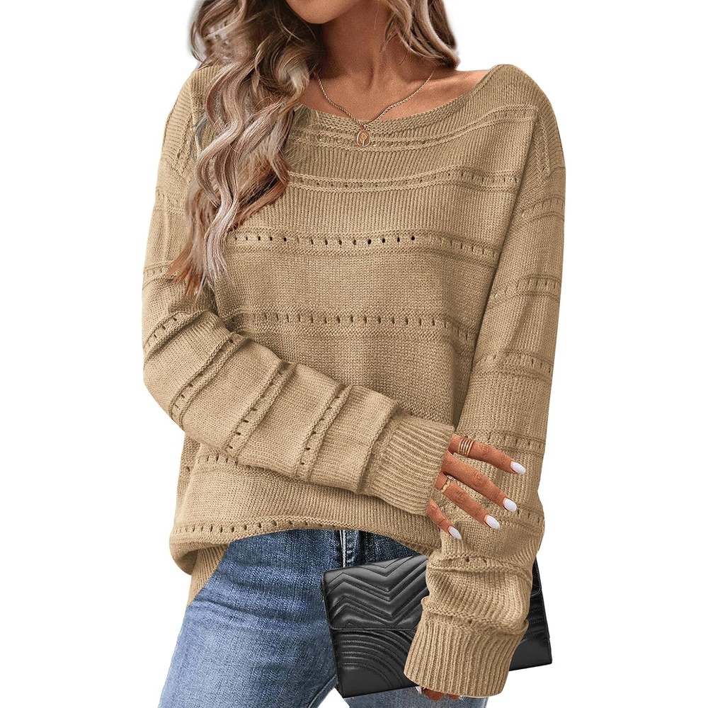 image:imageZeagoo Womens Sweaters Off The Shoulder Crochet Dressy Casual OutfitsAkhaki