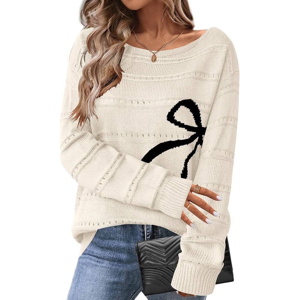 image:imageZeagoo Womens Sweaters Off The Shoulder Crochet Dressy Casual OutfitsBowknot