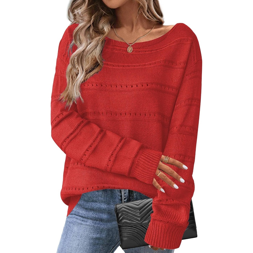image:imageZeagoo Womens Sweaters Off The Shoulder Crochet Dressy Casual OutfitsRed