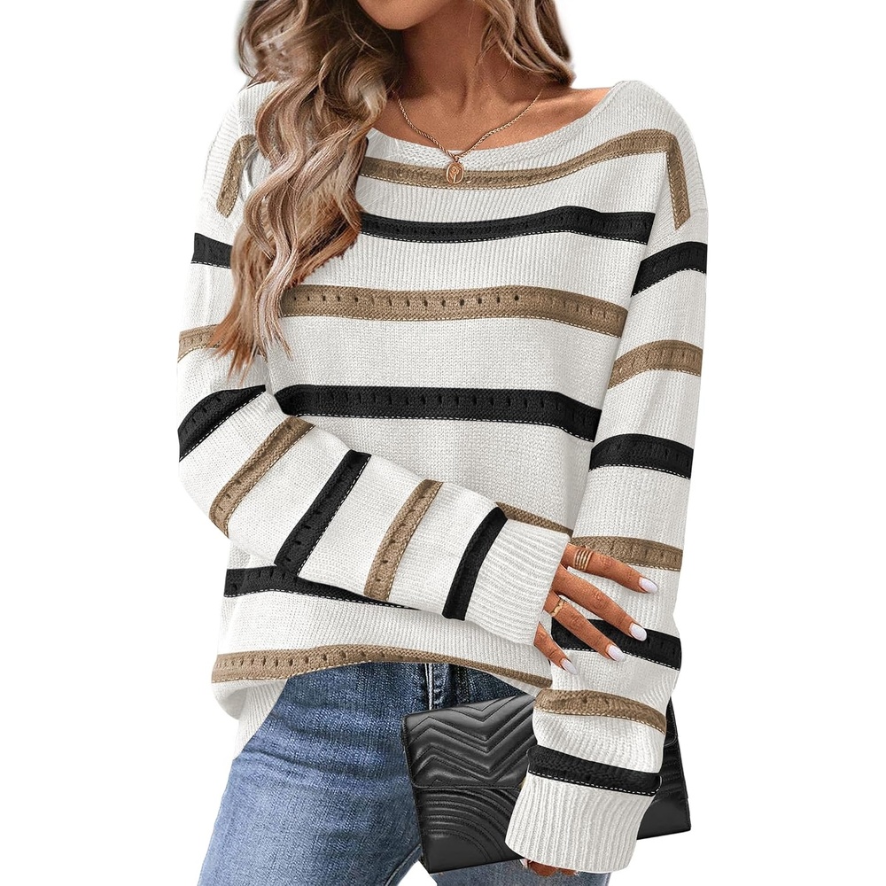 image:imageZeagoo Womens Sweaters Off The Shoulder Crochet Dressy Casual OutfitsStripe 1