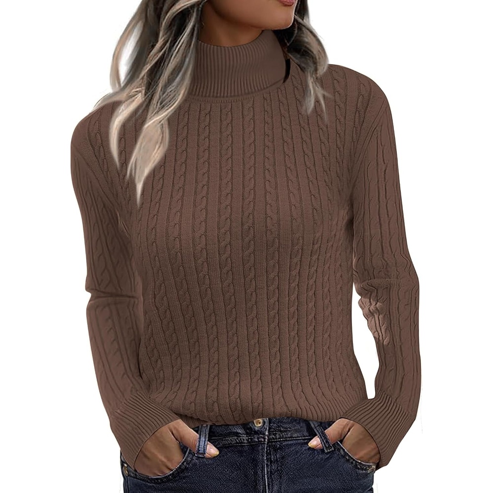 image:imageZeagoo Womens Sweaters Turtleneck Cable Knit Long Sleeve Pullover Fall TopsBrown