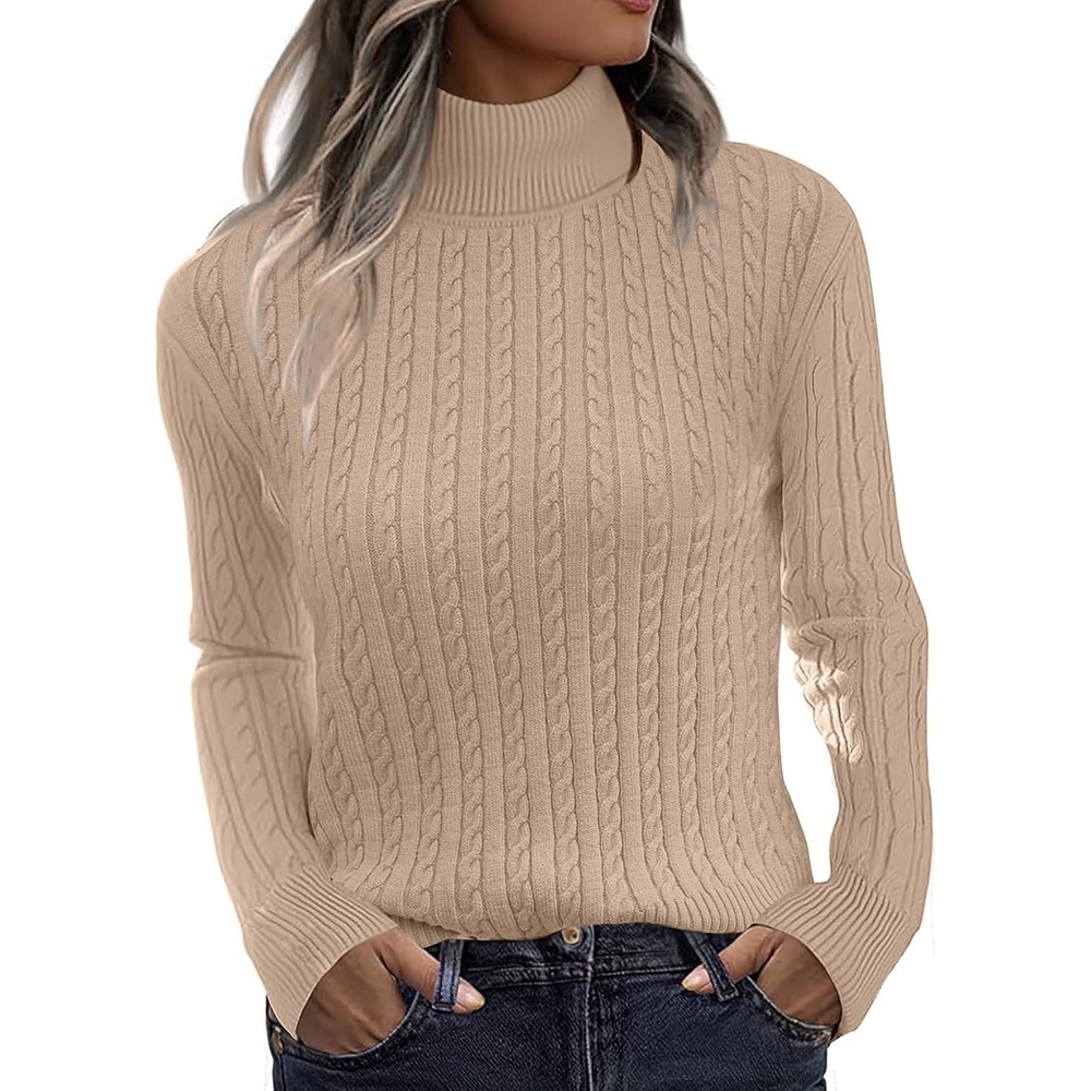 image:imageZeagoo Womens Sweaters Turtleneck Cable Knit Long Sleeve Pullover Fall TopsKhaki