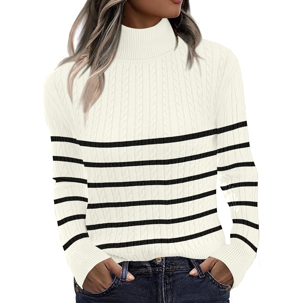 image:imageZeagoo Womens Sweaters Turtleneck Cable Knit Long Sleeve Pullover Fall TopsStripe Apricot
