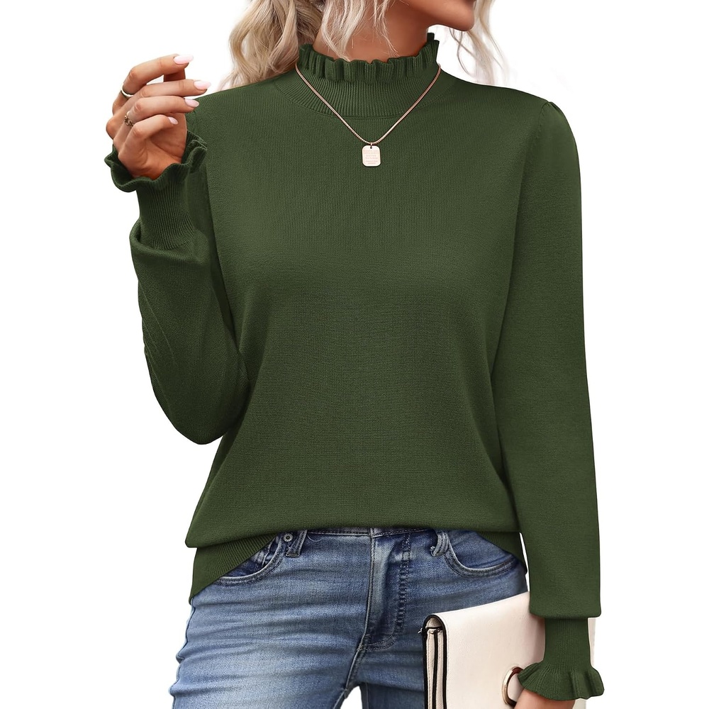 image:imageZeagoo Womens Turtleneck Sweater Fall Ruffle Dressy Knit Long Sleeve TopsArmy Green