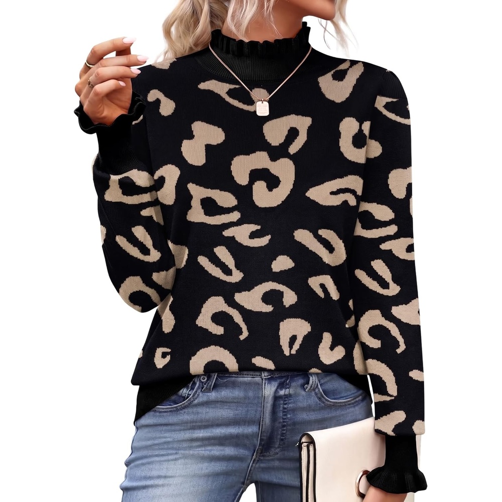 image:imageZeagoo Womens Turtleneck Sweater Fall Ruffle Dressy Knit Long Sleeve TopsBlack Leopard