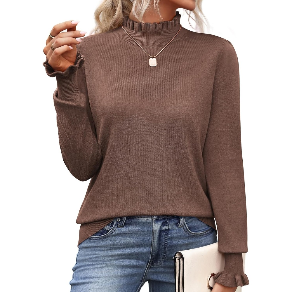 image:imageZeagoo Womens Turtleneck Sweater Fall Ruffle Dressy Knit Long Sleeve TopsBrown