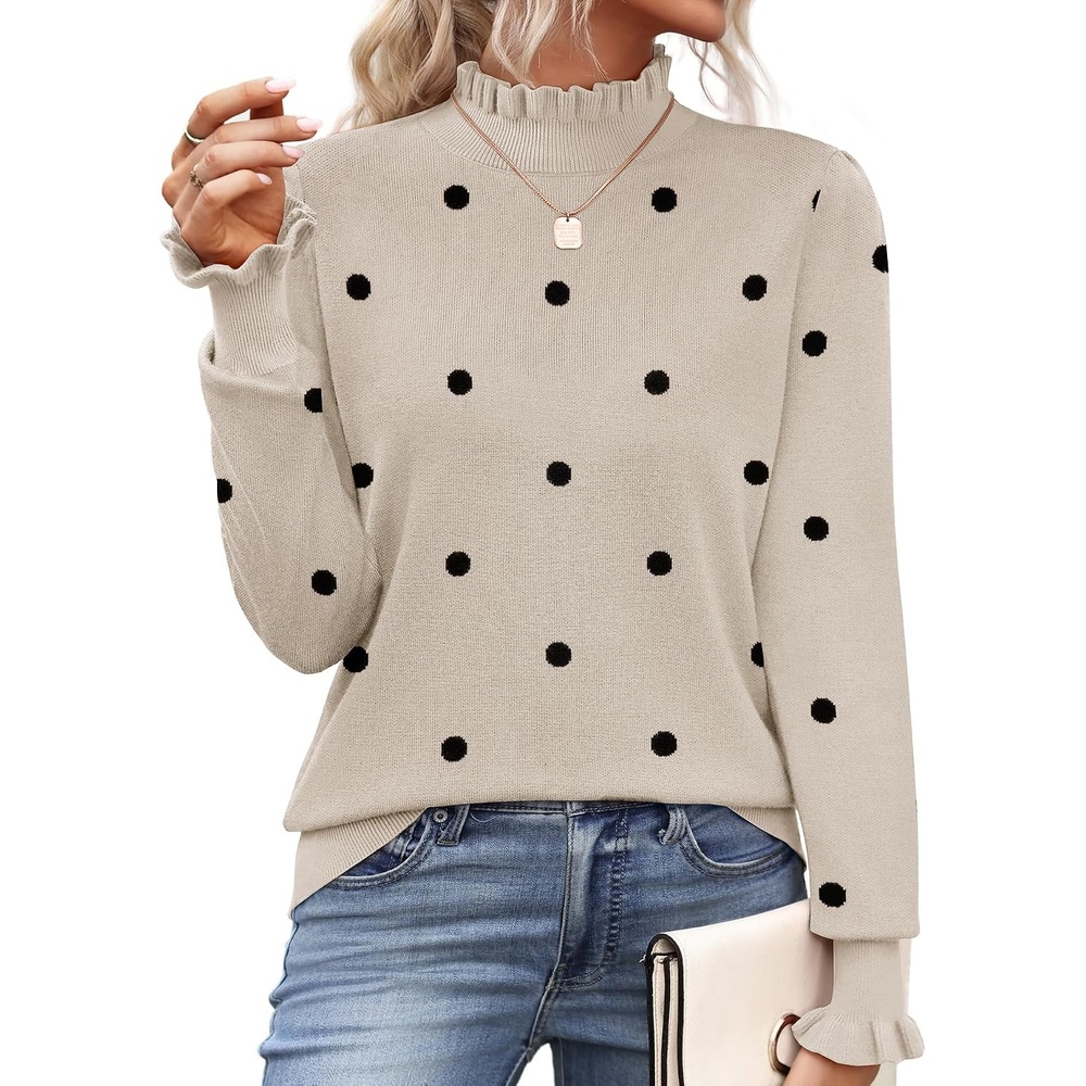 image:imageZeagoo Womens Turtleneck Sweater Fall Ruffle Dressy Knit Long Sleeve TopsKhaki Polka Dots
