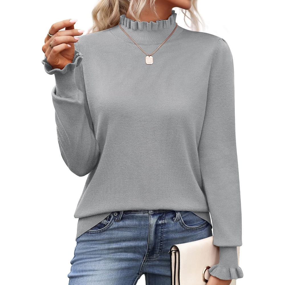 image:imageZeagoo Womens Turtleneck Sweater Fall Ruffle Dressy Knit Long Sleeve TopsLight Grey