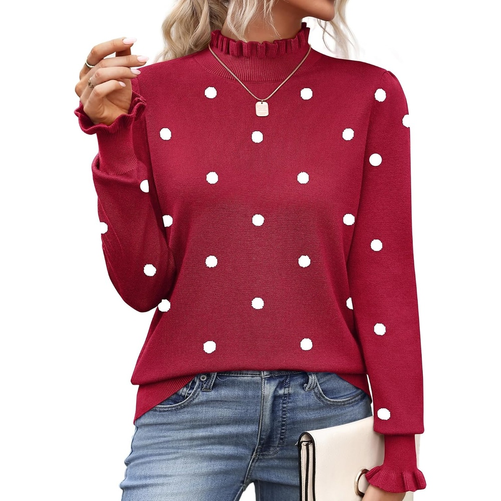 image:imageZeagoo Womens Turtleneck Sweater Fall Ruffle Dressy Knit Long Sleeve TopsRed Polka Dots