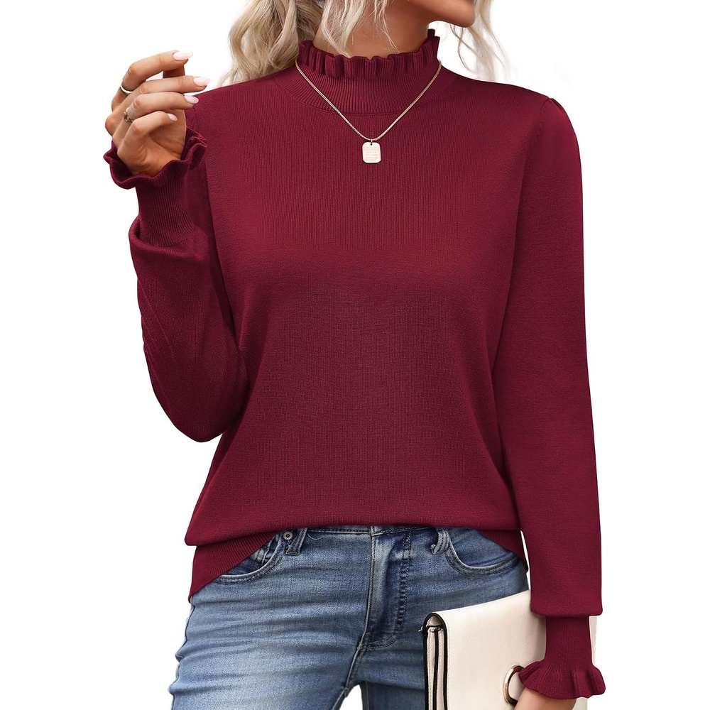 image:imageZeagoo Womens Turtleneck Sweater Fall Ruffle Dressy Knit Long Sleeve TopsWine Red