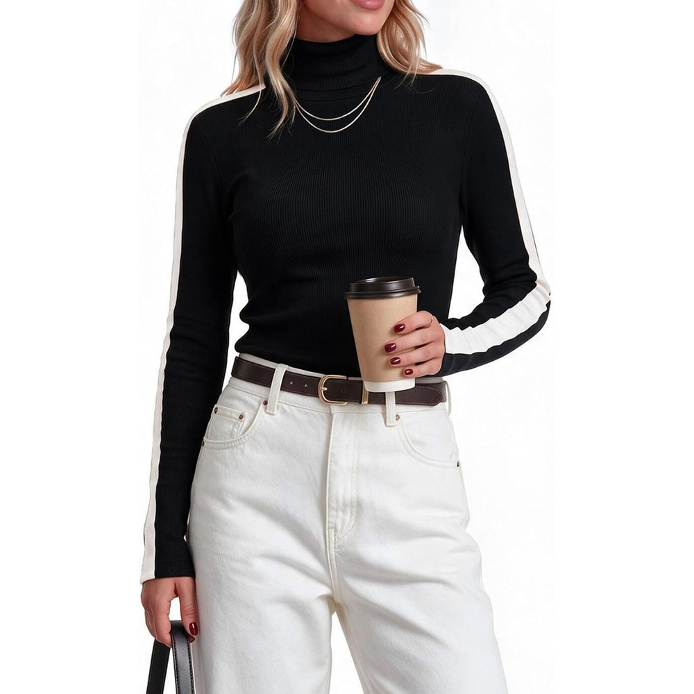 image:imageZeagoo Womens Turtleneck Sweater Long Sleeve Tops Basic Fall ClothesA1black Contrast Stripe