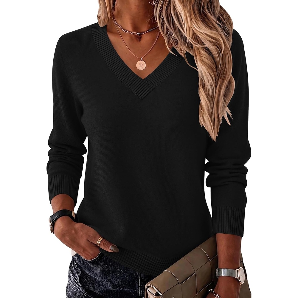 image:imageZeagoo Womens V Neck Sweaters Long Sleeve Tops Lightweight Fall ClothesBlack