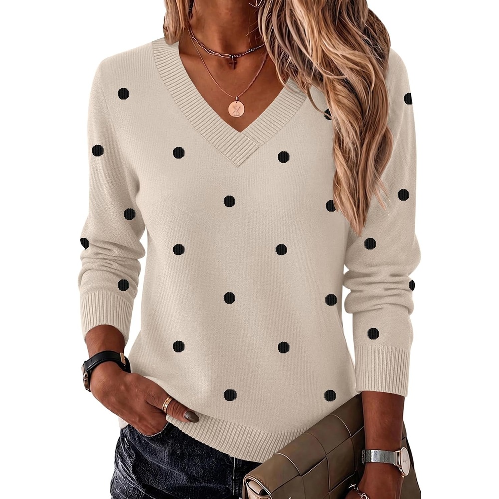 image:imageZeagoo Womens V Neck Sweaters Long Sleeve Tops Lightweight Fall ClothesJh442 Polka Dot