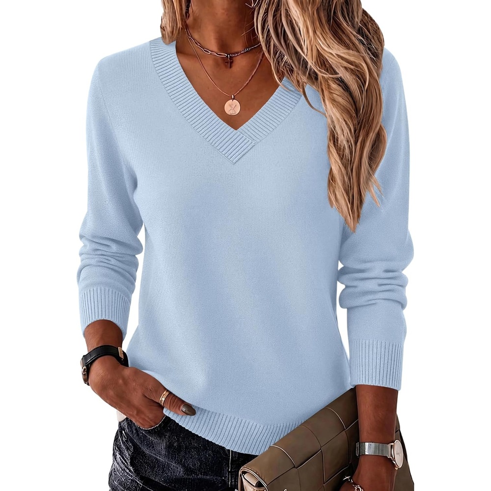 image:imageZeagoo Womens V Neck Sweaters Long Sleeve Tops Lightweight Fall ClothesLight Blue