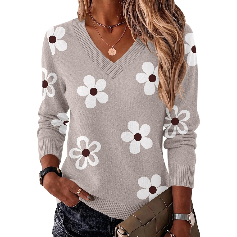 image:imageZeagoo Womens V Neck Sweaters Long Sleeve Tops Lightweight Fall ClothesSf175 Flower