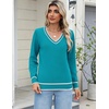 Zeagoo Women’s 2026 Fall Long Sleeve Sweaters V Neck Dressy Casual Tops(Stripe-blue Green)