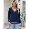 Zeagoo Women’s 2026 Fall Long Sleeve Sweaters V Neck Dressy Casual Tops(Stripe-navy Blue)