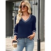 Zeagoo Women’s 2026 Fall Long Sleeve Sweaters V Neck Dressy Casual Tops(Stripe-navy Blue)