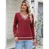 Zeagoo Women’s 2026 Fall Long Sleeve Sweaters V Neck Dressy Casual Tops(Stripe-wine Red)