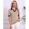 Zeagoo Womens Polo Sweater Short Sleeve V Neck Knitted Business Casual Tops(Khaki Black)
