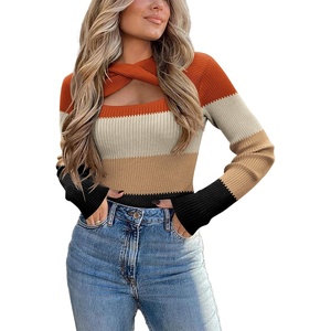 Zeagoo Sweaters for Women 2026 Knit Trendy Long Sleeve Lightweight Slim Fit Pullover Cutout Tops S-XXL(Caramel Apricot Camel Black Stripe)