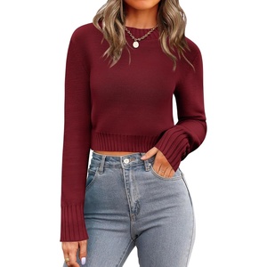 Zeagoo Women’s 2026 Fall Crewneck Cropped Sweaters Long Sleeve Knit Tops(Wine Red)