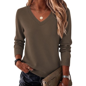 Zeagoo Women’s 2026 Fall Long Sleeve Sweaters V Neck Dressy Casual Tops(Brown)