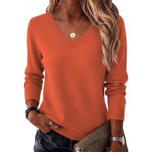Zeagoo Women’s 2026 Fall Long Sleeve Sweaters V Neck Dressy Casual Tops(Orange)