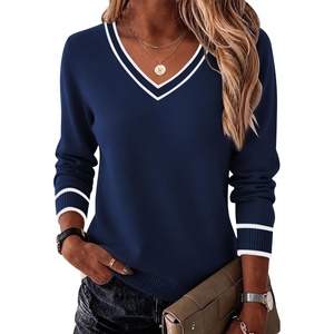Zeagoo Women’s 2026 Fall Long Sleeve Sweaters V Neck Dressy Casual Tops(Stripe-navy Blue)