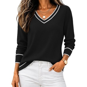 Zeagoo Women’s 2026 Fall V Neck Sweaters Long Sleeve Tops Fashion Clothing(Black Stripe)