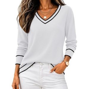 Zeagoo Women’s 2026 Fall V Neck Sweaters Long Sleeve Tops Fashion Clothing(White Stripe)