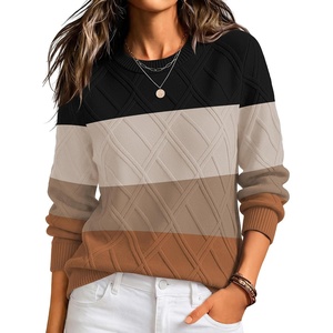 Zeagoo Women’s Cable Knit Sweaters Fall Winter Long Sleeve Crewneck Tops(Colorblock-brown)
