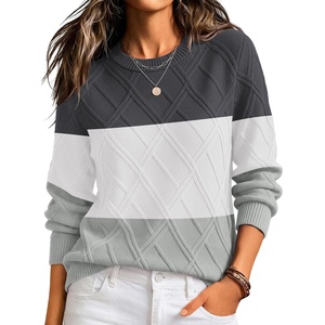 Zeagoo Women’s Cable Knit Sweaters Fall Winter Long Sleeve Crewneck Tops(Colorblock-grey)