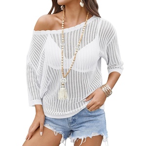 Zeagoo Womens Crochet Tops 3/4 Sleeve Summer Sweaters Hollow Out Knit Tops(White)